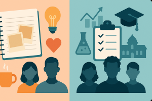 Two-panel illustration contrasting a personal story and a criteria-driven application: notebook, lightbulb, heart, and students on the left; checklist, flask, graph, campus, and students on the right.